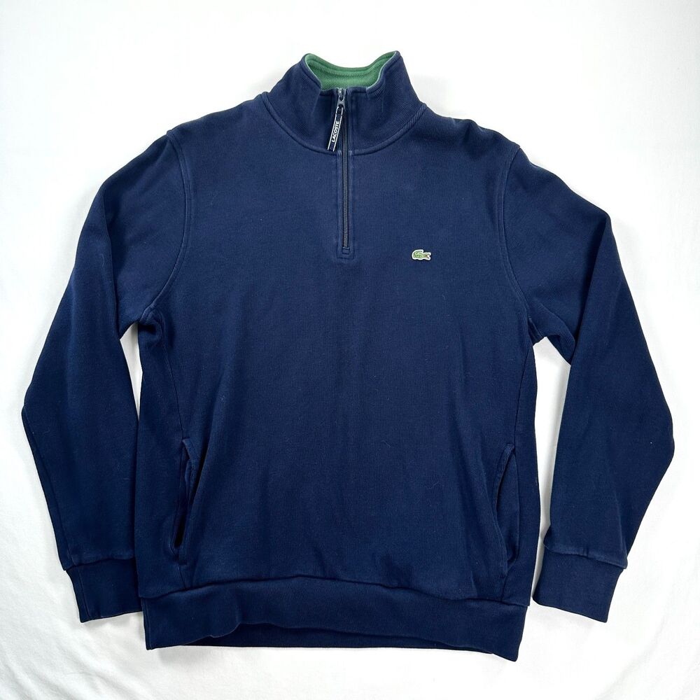 Lacoste Sweater Mens Blue 2XL FR 7 1/4 Zip Mock Neck Pullover Logo Pockets Golf